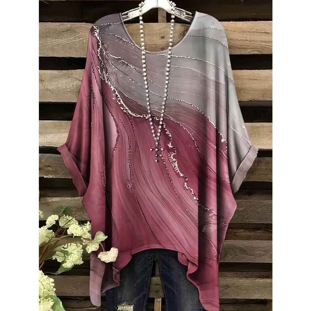 Women's Stripe 3D Print Gradient T-Shirt Casual Fashion Vacation Tops Female Irregular Hem O-Neck Short Sleeve Women's Clothes