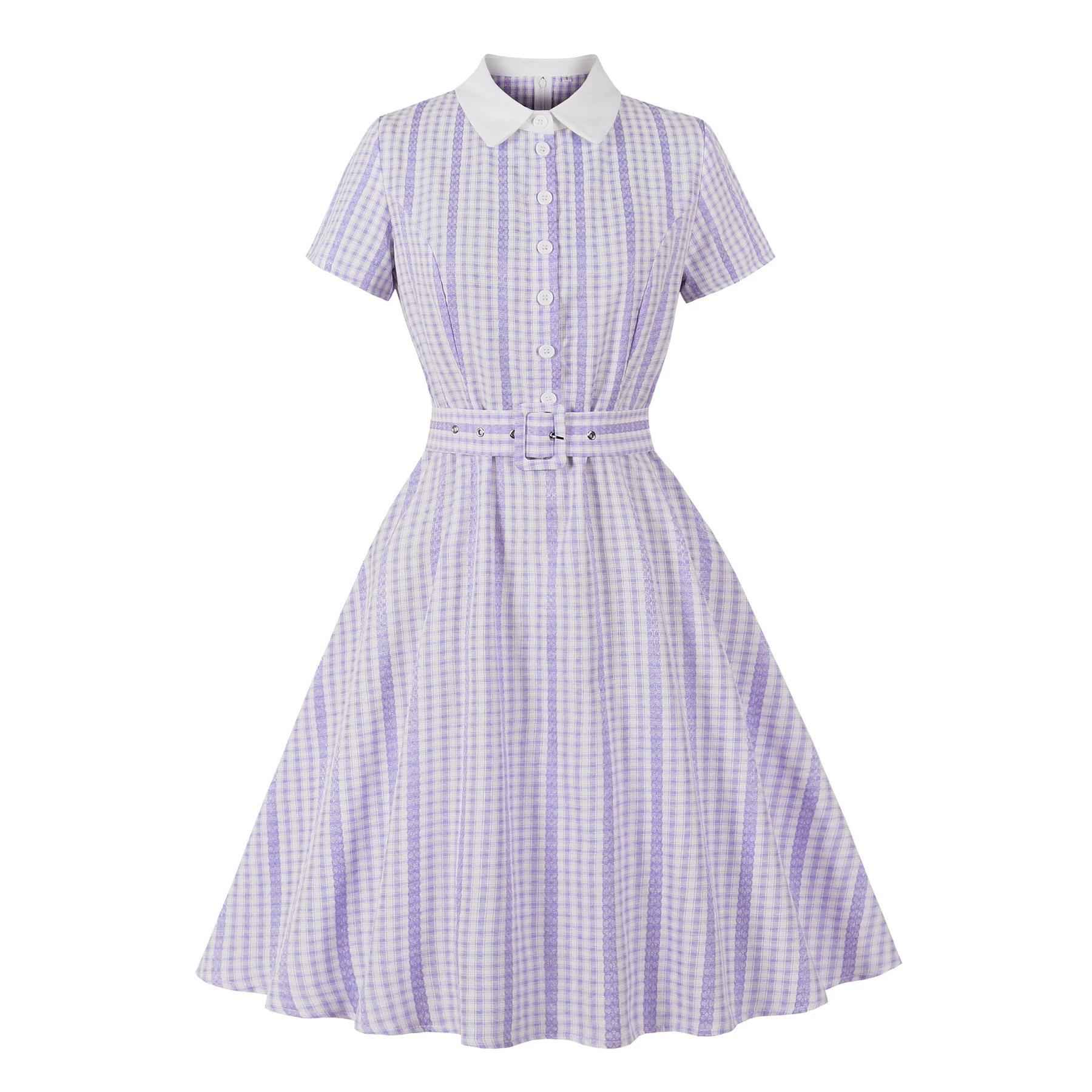 Women s Fashionable Retro Shirt-Collar Short-Sleeve Checkered A-Line Dress For Summer L