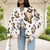 Women Plus Size White Leopard Heart Lock Printed Baseball Collar Long Sleeve Jacket With Pockets