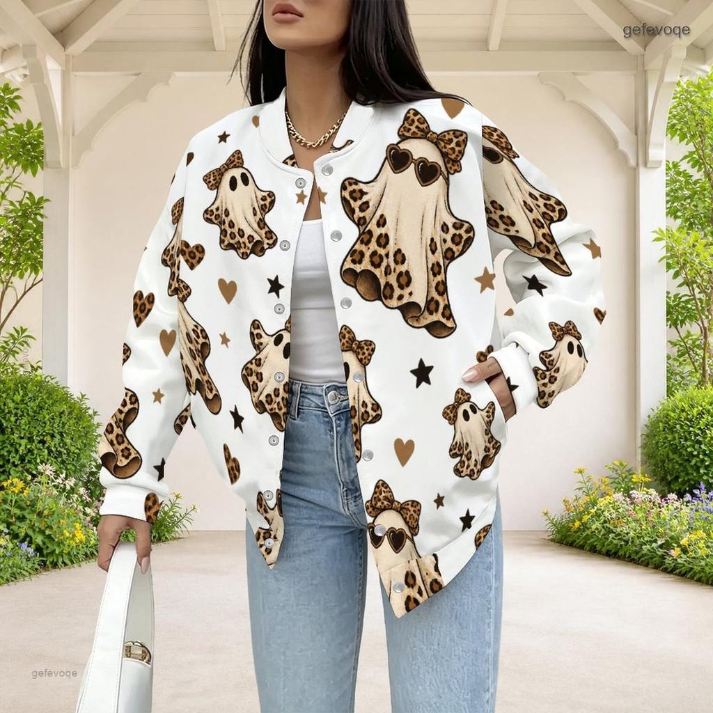 Women Plus Size White Leopard Heart Lock Printed Baseball Collar Long Sleeve Jacket With Pockets