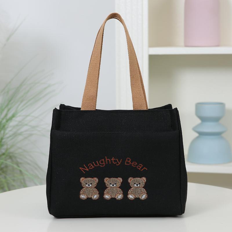 Cute Small Bear Printed Canvas Versatile Handbag Commuter Office Worker Lunch Bento Tote Bag