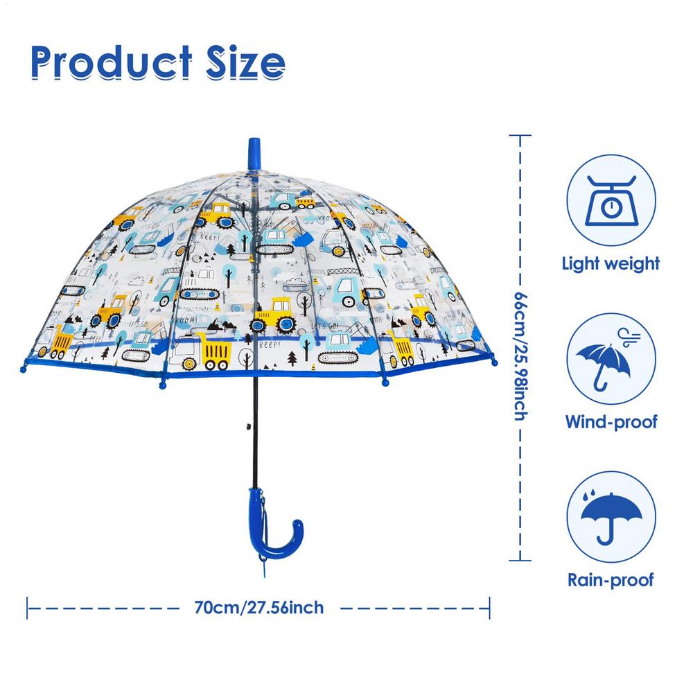 Clear Kids Umbrella Transparent Dome Windproof Safety Round Tip Easy Grip Hook Handle for Toddler Boys Girls Rainy Walking Play