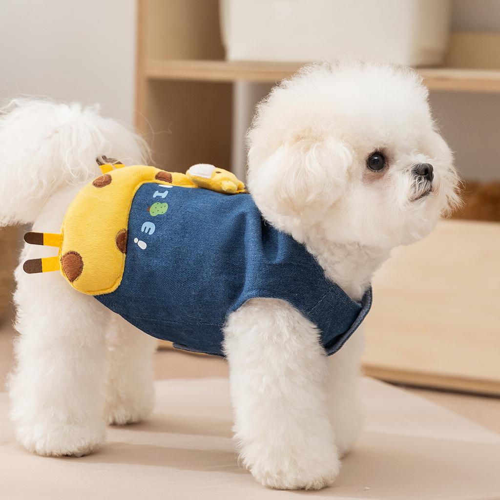 Dog Clothes Autumn and Winter Thin Velvet Bipod Three-dimensional Giraffe Denim Traction Vest Small Dog Pet Clothes