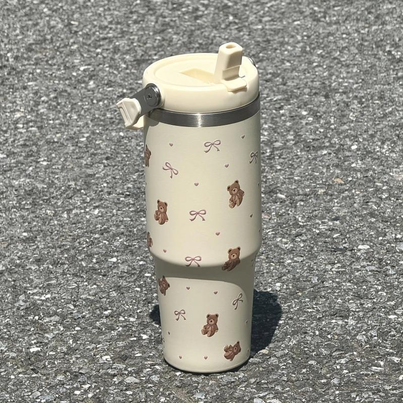 30oz Thermal Water Bottle With Straw Handle Stainless Steel Thermos Hot Coffee Tumbler Cup Car Gym Travel Insulated Thermal Mug