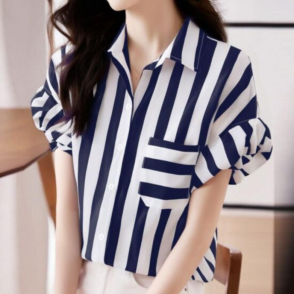Navava Women Casual Stripe String Short Sleeve Shirt Blouse Nb3165