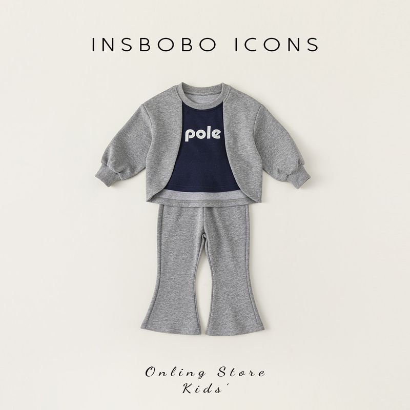 Girls  Autumn Sweatshirt Set, Fake Two-Piece Children s Sports Suit, Casual Korean Style Toddler Girl Clothing Set, Trendy Gray 100