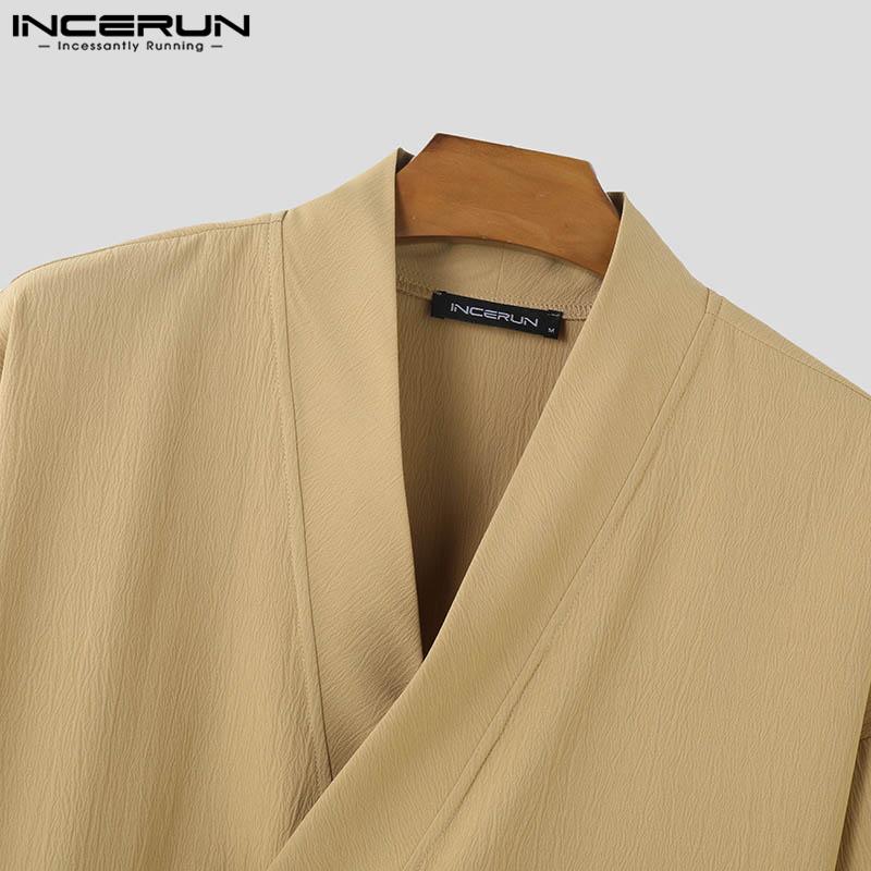INCERUN Hauts à manches 3/4 pour hommes, chemises kimono amples et décontractées à lacets sur le devant