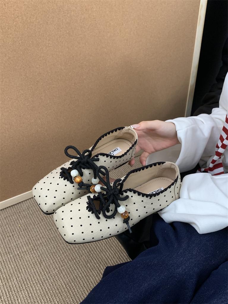 Korean version of retro square head flat-soled single shoes women's shoes 2025 autumn new versatile lace-up Mary Jane casual shoes