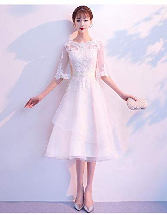Robe de mariée mignonne pour une fête de mariage avec une longue robe blanche taille [Ominefans], robe de style princesse, manches, robe, (Blanc Longueur A, M)
