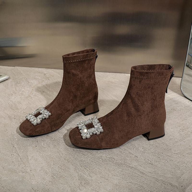Wildleder-Stiefel mit quadratischer Spitze, kurze Stiefel, neu 2025, kaffeefarben, mittelhoher Schaft, Damenstiefel, Strass-Viereckschnalle, niedriger Absatz, Frühling und Herbst sin
