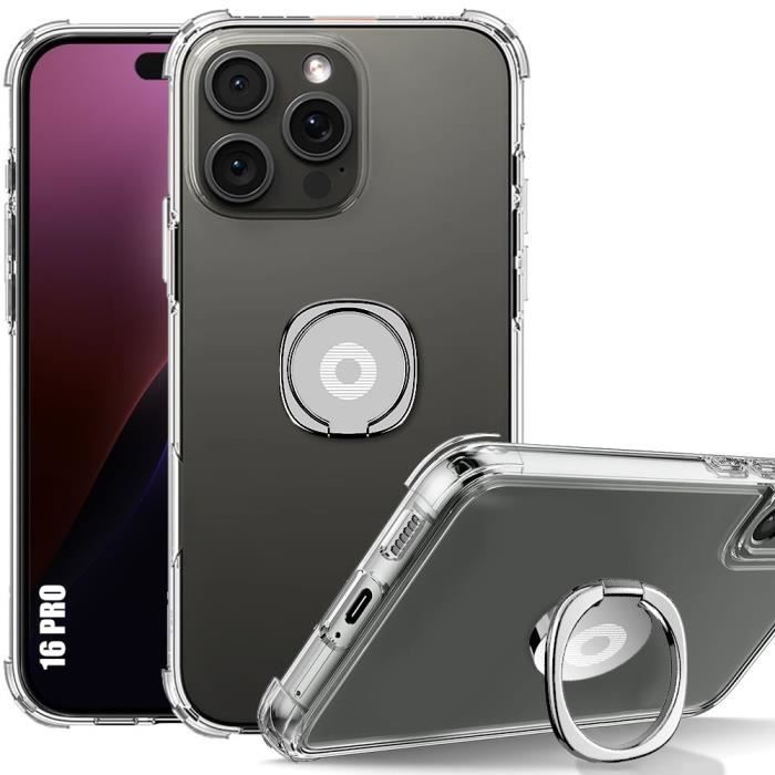 Coque pour iPhone 16 Pro - Antichoc Transparent avec Support Anneau Réglable Argenté