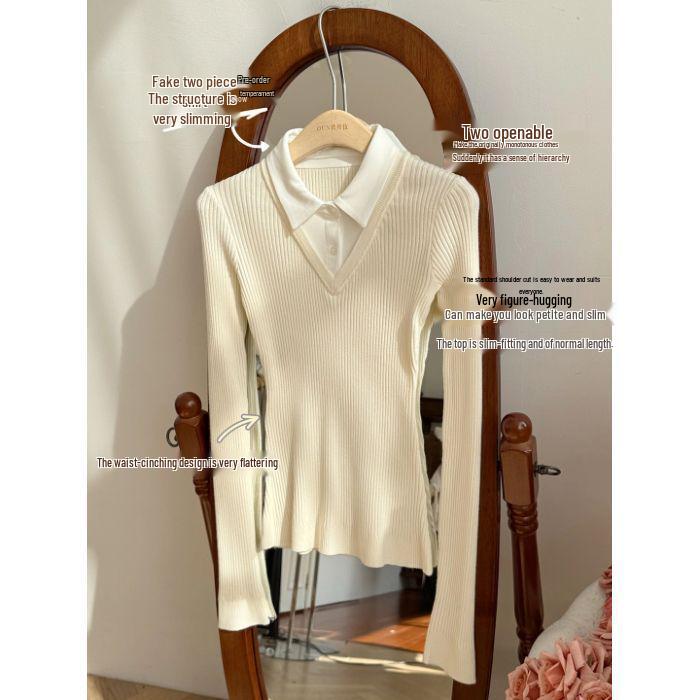 Korean Academy Style Women's Patchwork Knit Sweater: Slimming, Flattering Long-Sleeve Two-Piece for Autumn/Winter.