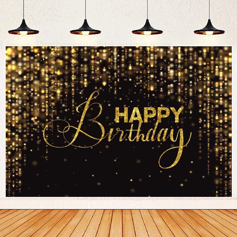 Happy Birthday Party Backdrops Black Gold Balloons Champagne Birthday Party Decor Banner Photography Background for Men Women