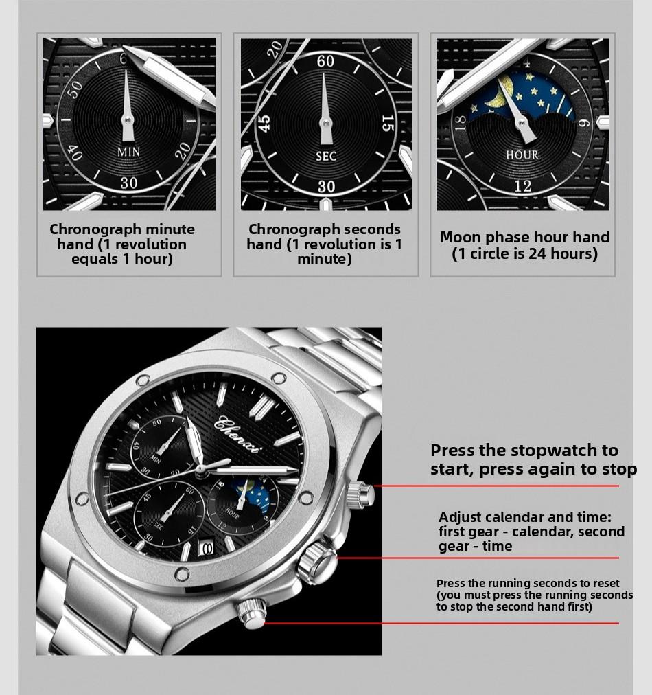 Men Multifunction Quartz Watch Luminous Waterproof Business Fashion Wristwatch