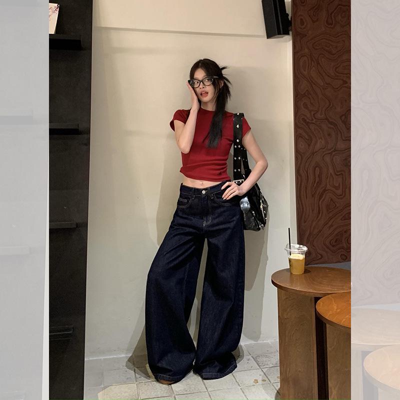 Dark Blue Women s Straight-Leg Wide Jeans - Spring Petite Loose Fit, Floor-Length Medium