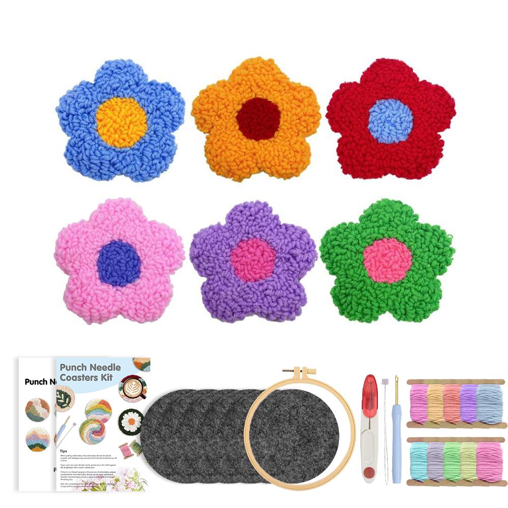 CHENISTORY 6 Pcs Flower Punch Needle Coaster Kit for Beginners Adults Easy Art Coasters Tea Coffee Cup Mat Set for Home Decor
