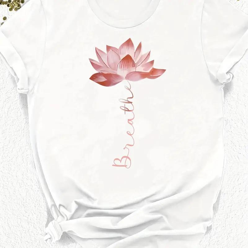 Plus Size Lotus Graphic Print T-shirt Short Sleeve Crew Neck Casual Top For Summer & Spring Women's Plus Size Clothing