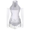 Womens Latin Figure Skating Jumpsuit Sleeveless Sequined Tassel Leotard Bodysuit Matching Mesh Gloves
