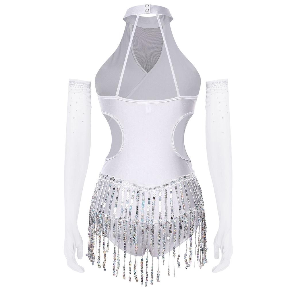 Womens Latin Figure Skating Jumpsuit Sleeveless Sequined Tassel Leotard Bodysuit Matching Mesh Gloves