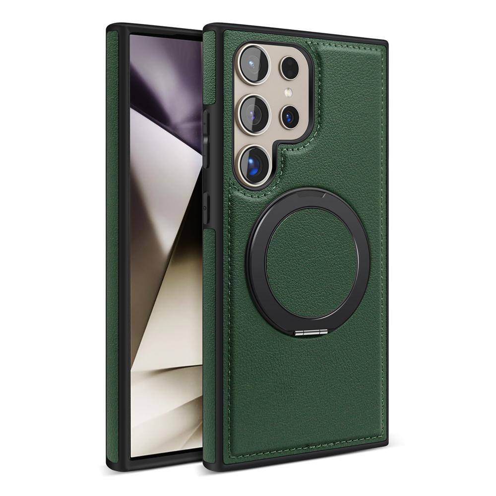 Genuine Leather Phone Case For Magsafe Samsung S24 S25 Ultra S23 S22 Ultra Plus Magnetic Rotating Metal Holder Stand Back Cover