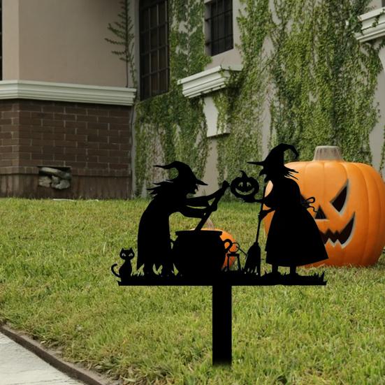 Halloween Garden Stake Metal Art Flying Witch Sign Skeleton Zombie