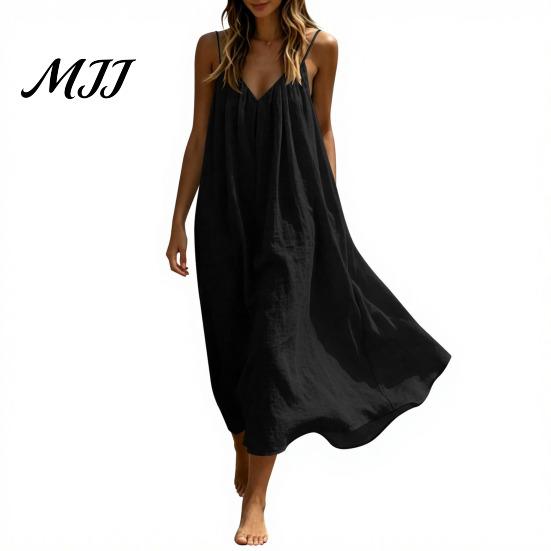 Breathable Summer Dress Women's Spaghetti Strap Beach Sundress, Sleeveless V Soft Fabric Neck Cami Dress, Loose Flowy Vacation Long Slim Fit