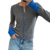 Women's contrasting cuff knitted cardigan crew neck single-breasted slim-fit knitted top autumn and winter casual cardigan sweater
