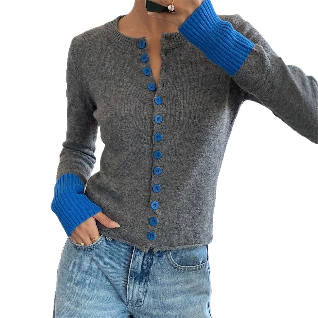 Women's contrasting cuff knitted cardigan crew neck single-breasted slim-fit knitted top autumn and winter casual cardigan sweater