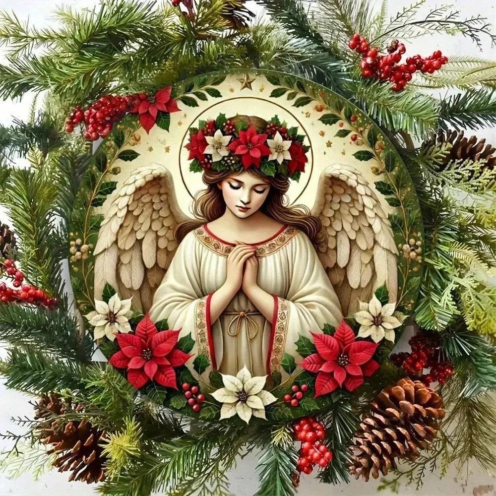 Round Aluminum Wall Art Praying Angel Decor with Floral Wreath Bunny Modern Home Metal Painting Living Room