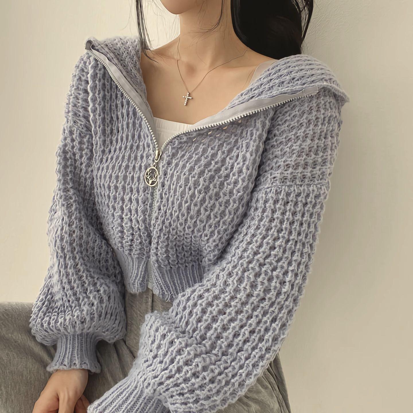 

Lazy-Style Loose Chunky-Knit Knitwear: Women s Autumn Winter Hooded Short Sweater Coat (Design-Sense Collar) One Size синий