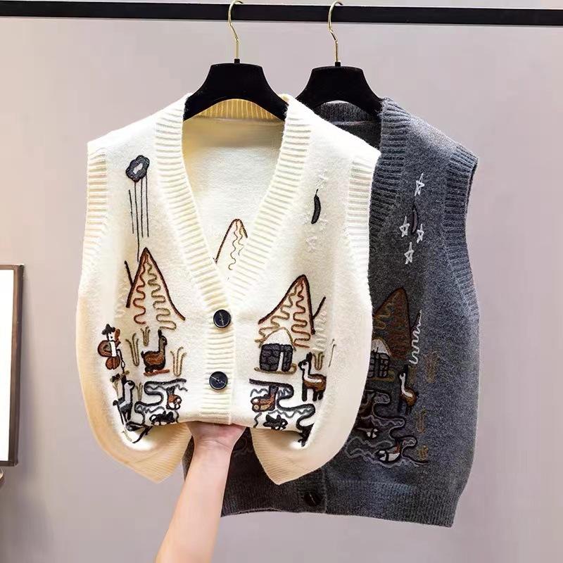 Spring  Autumn Knitted Vest Women Loose Knit Sleeveless Top V-neck Sleeveless Sweater Embroidered Cardigan Vest