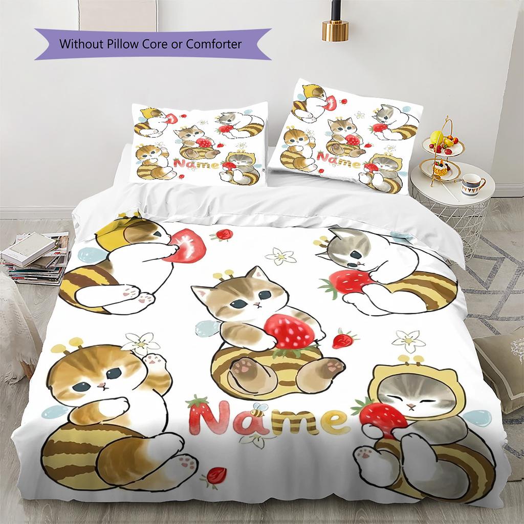 Bee Strawberry Cats Custom Name Pattern Bedding Quilt Set Quilt Cover Pillowcase Home Birthday Gift(1 * duvet cover + 2 * pillowcase, without core)