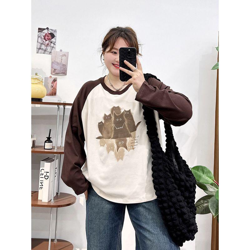 Plus-Size Women's Raglan Sleeve Patchwork Long-Sleeve T-Shirt Top, Spring and Autumn 2026 New Style, Slimming Base Layer for Slightly Chubby Women