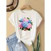 European Size Women's White Floral Print T-Shirt -with Blue Hydrangea-like Flowers for Everyday Outfits - Spring/Summer Blouse