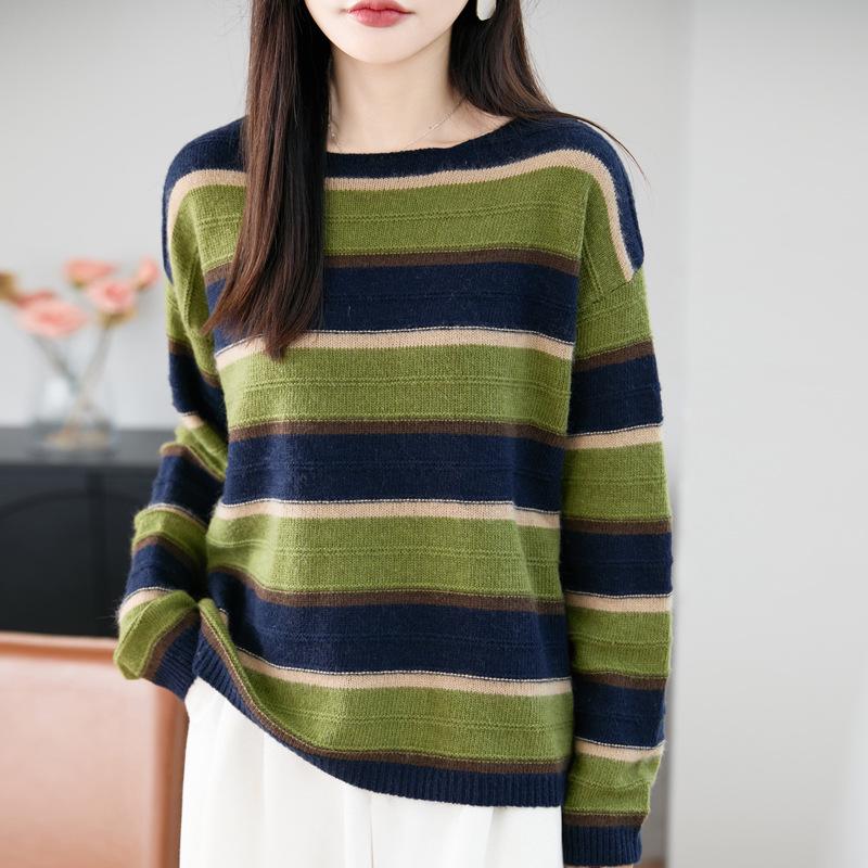 Women's Autumn/Winter Color Block Striped Knit Cardigan - Loose, Versatile, Age-Reducing Base Layer