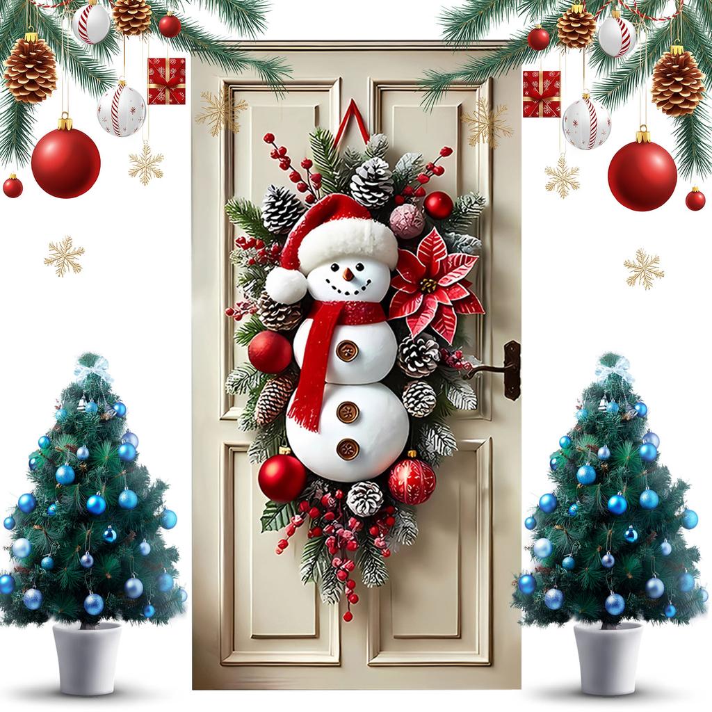 Om de zăpadă agățat de ușă cu fular Om de zăpadă de iarnă Coroniță de Crăciun pentru verandă față Decor de sărbători interior exterior