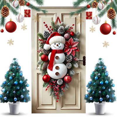 2026 NEW Christmas Snowman Wreath with Scarf New Year Xmas Background Decor for Door Front Porch Indoor Outdoor Holiday Party