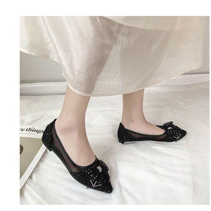Korean version shallow mouth single shoes spring flat bottom student lace mesh grandma shoes fairy pointed beanie shoes