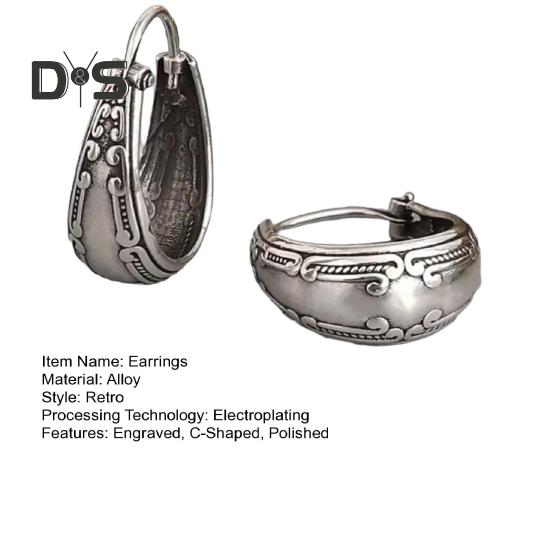 1 pár dámských etnických náušnic Vintage gravírované leštěné slitiny ve tvaru písmene C Lehké kruhové náušnice Denní seznamka Cestovní závěsné náušnice