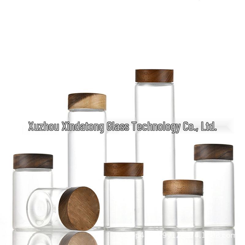 Acacia Wood Lid Borosilicate Glass Canister for Tea, Agarwood Bracelet Display, or Medicine Powder Storage.