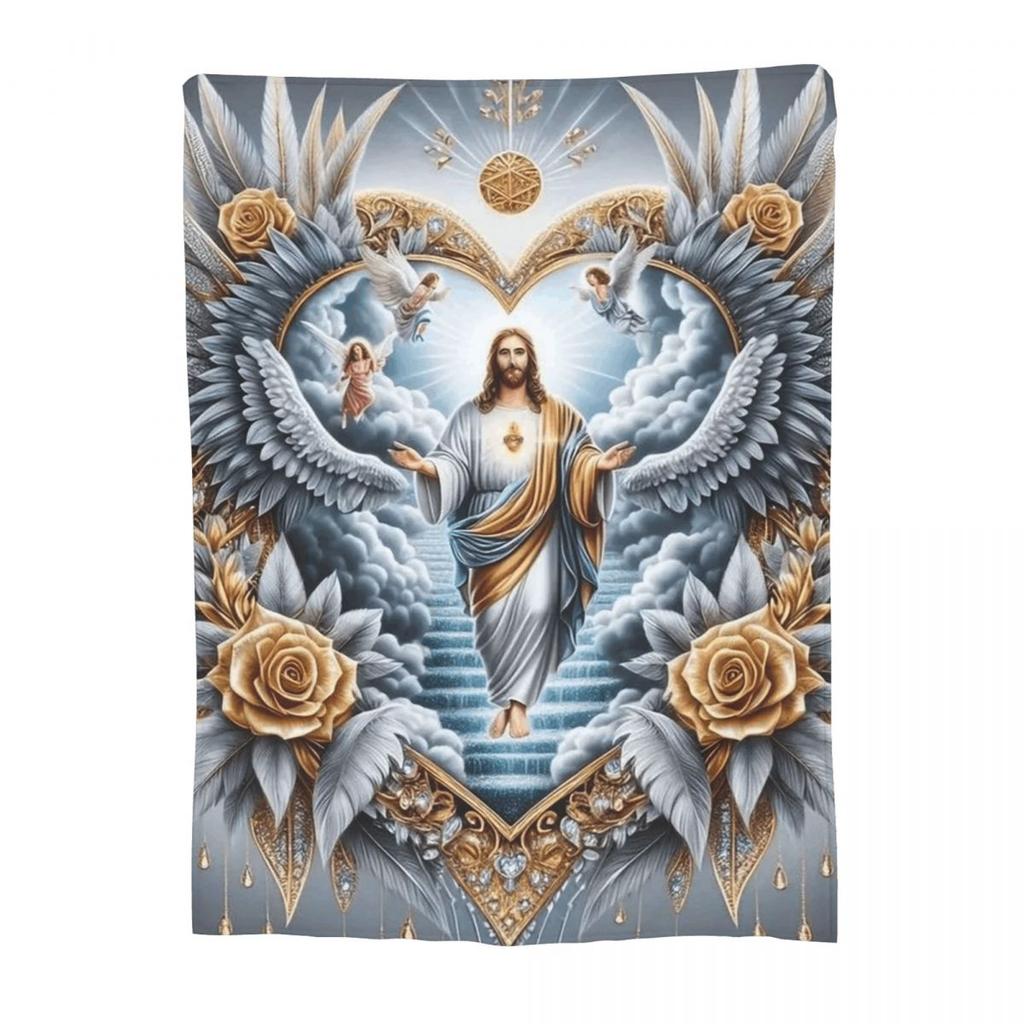 Jesus Christ Angelic Heart Religious Blankets Soft Warm Flannel Throw Blanket Bedding for Bed Living Room Picnic Travel Sofa