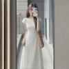 Summer new design round neck short-sleeved jacquard dress women's French temperament waist and thin long A-shaped skirt