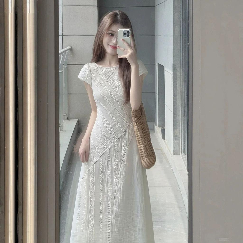 Summer new design round neck short-sleeved jacquard dress women's French temperament waist and thin long A-shaped skirt