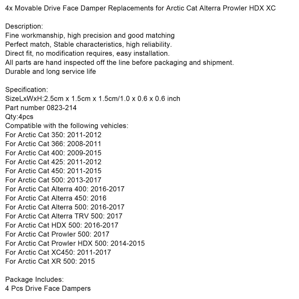 4x Movable Drive Face Damper Replacements for Arctic Cat Alterra Prowler HDX XC