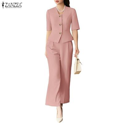 Women Short Sleeve Blouse and Cropped Pants Classic Two Piece Suit Sets