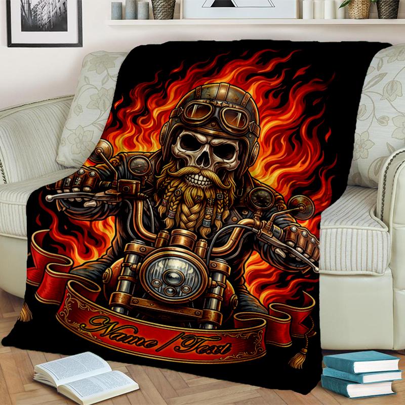 1PC Custom Name Biker Spirit Flames flannel blanket versatile,all-season throw suitable for the living room,bedroom,camping,travel,and gift