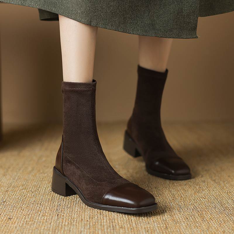 Krazing Pot Microfiber Flock Autumn Winter Shoes Thick Med Heels Size 43 Elastic Boots Stretch Patch Work Ankle Boots