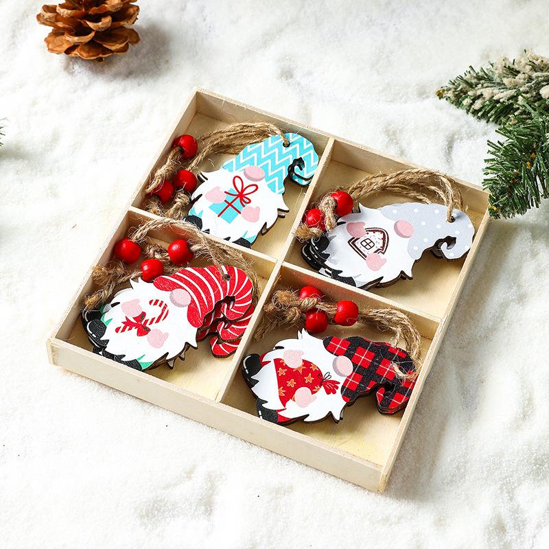 Christmas Four-Grid Faceless Old Man Wooden Ornament Gift Box with Small Pendants