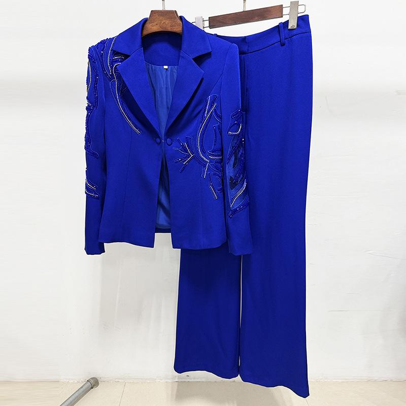 

European & American Star Embroidery Beadwork Suit: Jacket & Trousers Two-Piece Set 2026 Large синий