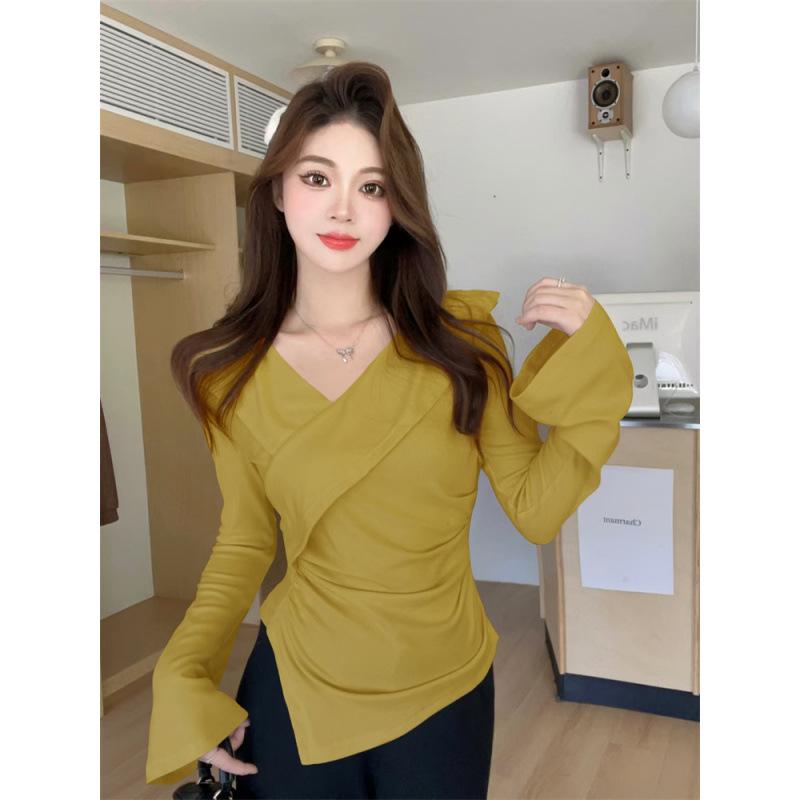 Plus Size Ruffled V-Neck Top for Women - Slimming, Irregular Design, Perfect for Spring